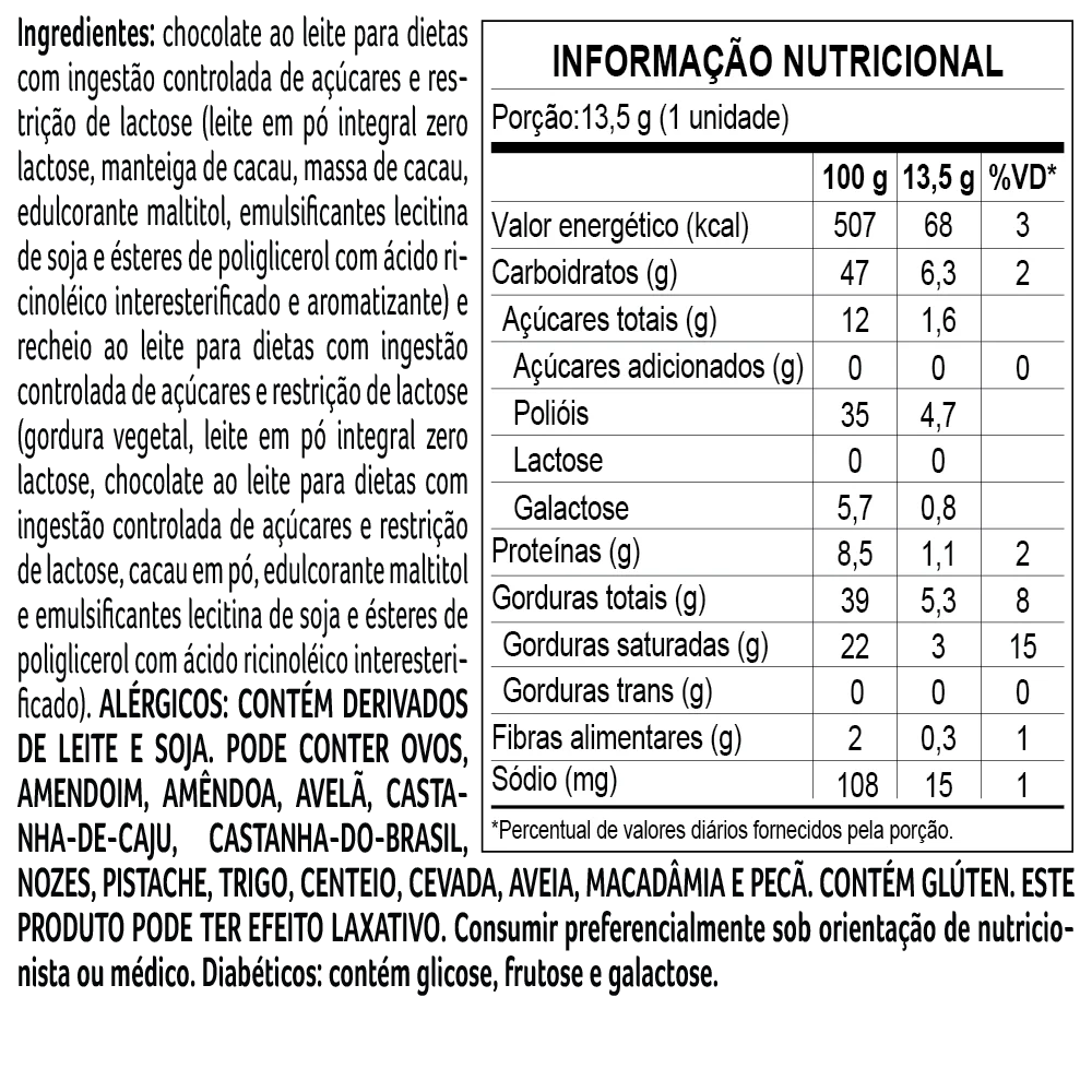 Bombom Bless Zero A&ccedil;&uacute;car e Zero Lactose de Chocolate ao Leite 13,5g, , large. image number 1