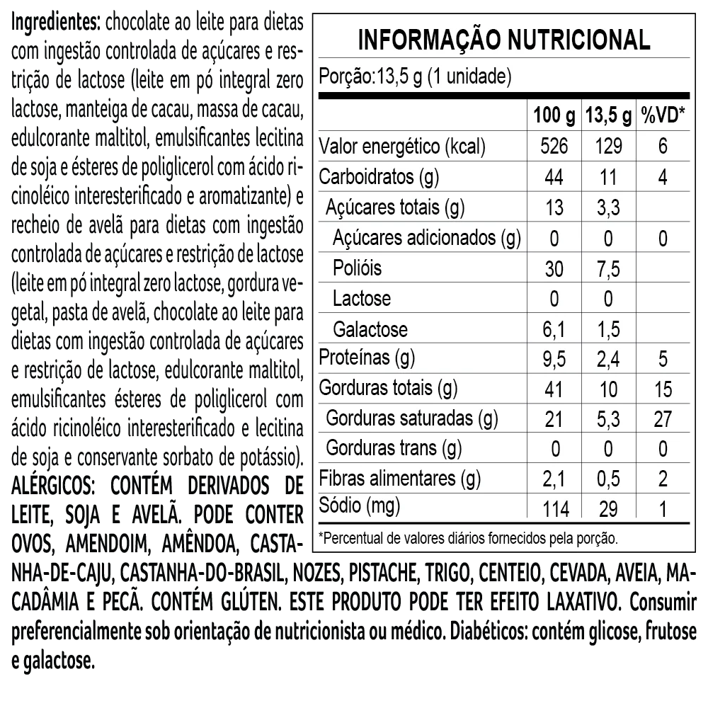 Bombom Bless Zero A&ccedil;&uacute;car e Zero Lactose de Chocolate com Avel&atilde; 13,5g, , large. image number 1